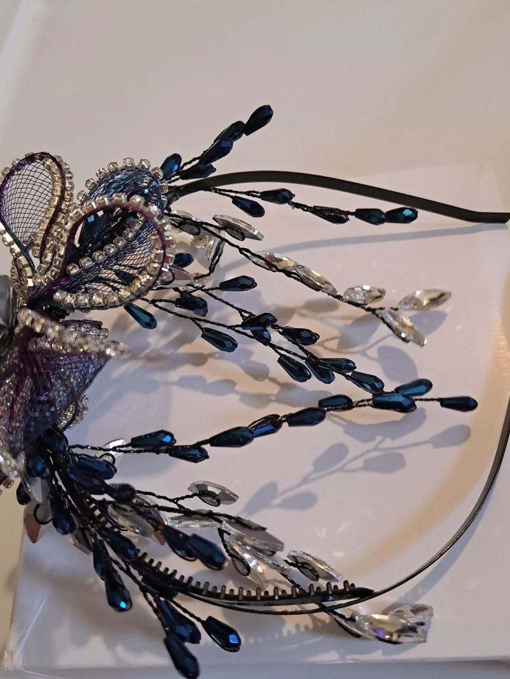 Goth Bride Headband Purple Mesh Crystal Blue-Black Rhinestones